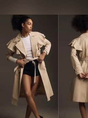 Anthropologie Beige Ruffle-Shoulder Trench Coat